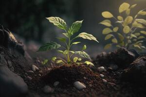 planta creciente en granja suelo o bosque con luz de sol a tiempo de día. joven planta es creciente. mundo tierra día. mundo ambiente día. tierra conservación, ecología o global calentamiento por ai generado foto