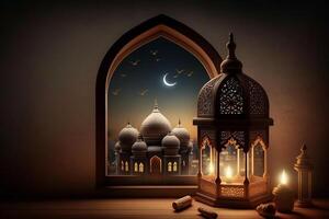 A windows depicts an islamic mosque at night with moon and lentern. In style of islamic city. Arched doorways. Eid al fitr background of window. Ramadan islamic lantern on a table by photo