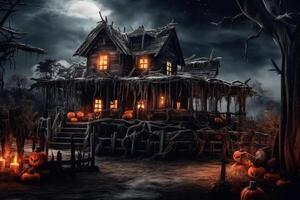 Haunted house on halloween celebration concept. Spooky house halloween background with deserted building and pumpkin. Scary house with creepy building at night by photo