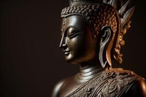 un tailandés Buda estatua se sienta y meditando a budista templo. antiguo Tailandia Buda rostro. antecedentes para vesak festival celebracion. vesak día concepto. vesak celebracion día saludos por ai generado foto