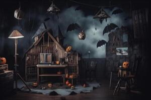 Haunted house on halloween celebration concept. Spooky house halloween background with deserted building and pumpkin. Scary house with creepy building at night by photo
