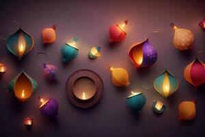 Happy diwali or deepavali traditional indian festival with lamp or sky lantern. Indian hindu festival of light with lamp or light. Night sky floating lanterns during diwali celebration by photo