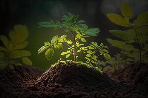 planta creciente en granja suelo o bosque con luz de sol a tiempo de día. joven planta es creciente. mundo tierra día. mundo ambiente día. tierra conservación, ecología o global calentamiento por ai generado foto