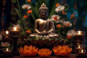 A buddha sits in a garden with a lotus and candles. Background for vesak festival celebration. Vesak day concept. Vesak celebration day greetings by photo