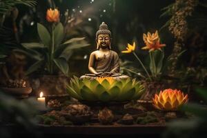 A buddha sits in a garden with a lotus and candles. Background for vesak festival celebration. Vesak day concept. Vesak celebration day greetings by photo