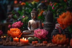 A buddha sits in a garden with a lotus and candles. Background for vesak festival celebration. Vesak day concept. Vesak celebration day greetings by photo