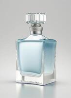 un alto clase botella de vaso perfume con ligero azul líquido. aromático perfume botellas en blanco antecedentes. belleza producto, cosmético, perfume día, fragancia día o perfume lanzamiento evento por ai generado foto