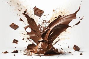 A delicious melting chocolate splash in a realistic style. Hot chocolate, cacao or coffee splash. Tasty chocolate liquid splash. Chocolate sauce crown splash. For chocolate day dessert by photo