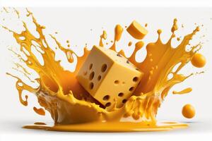 A delicious melting cheese splash in a realistic style. Hot cheese or cheddar splash. Tasty cheese liquid splash. Cheese sauce crown splash. For italian food, world cheese day, dessert by photo