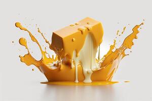 A delicious melting cheese splash in a realistic style. Hot cheese or cheddar splash. Tasty cheese liquid splash. Cheese sauce crown splash. For italian food, world cheese day, dessert by photo