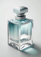 un alto clase botella de vaso perfume con ligero azul líquido. aromático perfume botellas en blanco antecedentes. belleza producto, cosmético, perfume día, fragancia día o perfume lanzamiento evento por ai generado foto