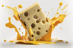 A delicious melting cheese splash in a realistic style. Hot cheese or cheddar splash. Tasty cheese liquid splash. Cheese sauce crown splash. For italian food, world cheese day, dessert by photo