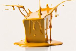 A delicious melting cheese splash in a realistic style. Hot cheese or cheddar splash. Tasty cheese liquid splash. Cheese sauce crown splash. For italian food, world cheese day, dessert by photo