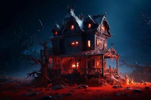 Haunted house on halloween celebration concept. Spooky house halloween background with deserted building and pumpkin. Scary house with creepy building at night by photo