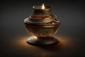 Happy diwali or deepavali traditional indian festival with clay diya oil lamp. Indian hindu festival of light symbol with candle and light. Clay diya lamp lit during diwali celebration by photo