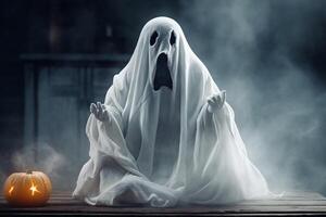 Human in spooky ghosts costume flying inside the old house or forest at night. Spooky halloween background with ghost. Ghost on halloween celebration concept by AI generated photo