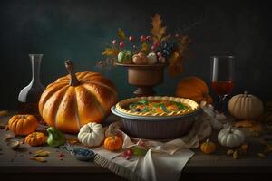 Thanksgiving day meal with pie, pumpkin, oranges, or roasted chicken in oven form. Flat lay assortment with delicious thanksgiving food. Happy thanksgiving day concept by photo