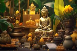 A buddha sits in a garden with a lotus and candles. Background for vesak festival celebration. Vesak day concept. Vesak celebration day greetings by photo