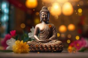 A buddha sits in a garden with a lotus and candles. Background for vesak festival celebration. Vesak day concept. Vesak celebration day greetings by photo