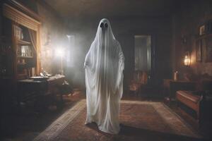 Human in spooky ghosts costume flying inside the old house or forest at night. Spooky halloween background with ghost. Ghost on halloween celebration concept by photo