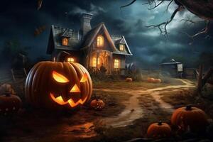 Scary pumpkin and house in night of full moon on halloween celebration concept. Spooky halloween background with pumpkin. Dirty house and pumpkin on halloween celebration concept by photo