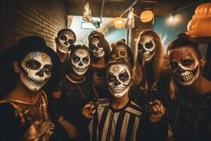 adolescentes amigos en disfraces celebrando y teniendo divertido a Víspera de Todos los Santos fiesta. joven personas a disfraces fiesta Víspera de Todos los Santos celebracion concepto por ai generado foto