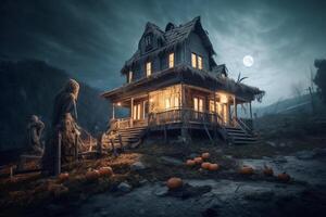 Haunted house on halloween celebration concept. Spooky house halloween background with deserted building and pumpkin. Scary house with creepy building at night by photo