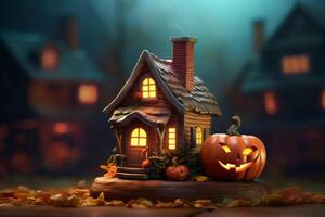 Scary pumpkin and house in night of full moon on halloween celebration concept. Spooky halloween background with pumpkin. Dirty house and pumpkin on halloween celebration concept by photo