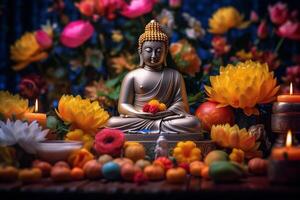 un Buda se sienta en un jardín con un loto y velas antecedentes para vesak festival celebracion. vesak día concepto. vesak celebracion día saludos por ai generado foto