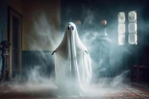 Human in spooky ghosts costume flying inside the old house or forest at night. Spooky halloween background with ghost. Ghost on halloween celebration concept by photo