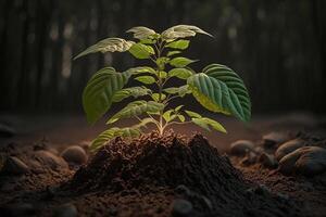 planta creciente en granja suelo o bosque con luz de sol a tiempo de día. joven planta es creciente. mundo tierra día. mundo ambiente día. tierra conservación, ecología o global calentamiento por ai generado foto