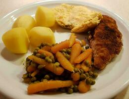 breaded wiener schnitzel with side dishes photo