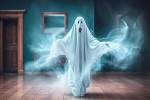 Human in spooky ghosts costume flying inside the old house or forest at night. Spooky halloween background with ghost. Ghost on halloween celebration concept by photo