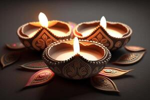 Happy diwali or deepavali traditional indian festival with clay diya oil lamp. Indian hindu festival of light symbol with candle and light. Clay diya lamp lit during diwali celebration by photo