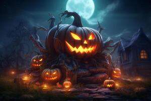 Scary pumpkin and house in night of full moon on halloween celebration concept. Spooky halloween background with pumpkin. Dirty house and pumpkin on halloween celebration concept by photo