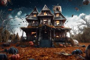 Haunted house on halloween celebration concept. Spooky house halloween background with deserted building and pumpkin. Scary house with creepy building at night by photo