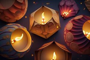 Happy diwali or deepavali traditional indian festival with lamp or sky lantern. Indian hindu festival of light with lamp or light. Night sky floating lanterns during diwali celebration by photo