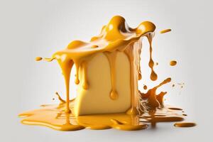 A delicious melting cheese splash in a realistic style. Hot cheese or cheddar splash. Tasty cheese liquid splash. Cheese sauce crown splash. For italian food, world cheese day, dessert by photo