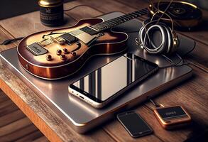 foto música objetos con guitarra, artilugio y café en el mesa en clásico estilo. hermosa eléctrico guitarra en con auriculares y escritorio musical creatividad concepto. mundo música día por ai generado