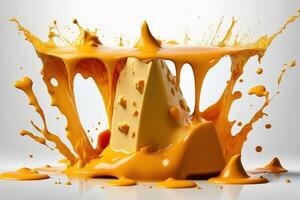 A delicious melting cheese splash in a realistic style. Hot cheese or cheddar splash. Tasty cheese liquid splash. Cheese sauce crown splash. For italian food, world cheese day, dessert by photo