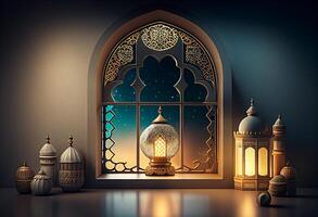 A windows depicts an islamic mosque at night with moon and lentern. In style of islamic city. Arched doorways. Eid al fitr background of window. Ramadan islamic lantern on a table by photo