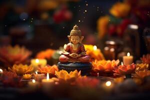 A buddha sits in a garden with a lotus and candles. Background for vesak festival celebration. Vesak day concept. Vesak celebration day greetings by photo