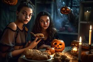 Teenagers friends in costumes celebrating and having fun at halloween party. Young people at costumes party halloween celebration concept by photo