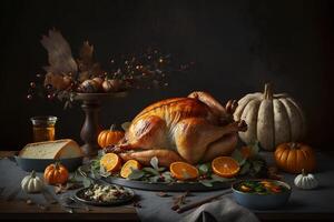 Thanksgiving day meal with pie, pumpkin, oranges, or roasted chicken in oven form. Flat lay assortment with delicious thanksgiving food. Happy thanksgiving day concept by photo