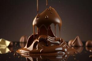 A delicious melting chocolate splash in a realistic style. Hot chocolate, cacao or coffee splash. Tasty chocolate liquid splash. Chocolate sauce crown splash. For chocolate day dessert by photo