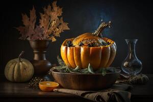 Thanksgiving day meal with pie, pumpkin, oranges, or roasted chicken in oven form. Flat lay assortment with delicious thanksgiving food. Happy thanksgiving day concept by photo