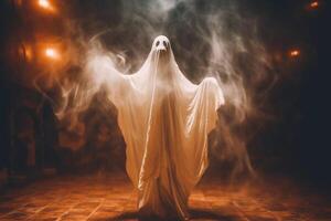 Human in spooky ghosts costume flying inside the old house or forest at night. Spooky halloween background with ghost. Ghost on halloween celebration concept by photo