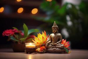 A buddha sits in a garden with a lotus and candles. Background for vesak festival celebration. Vesak day concept. Vesak celebration day greetings by photo