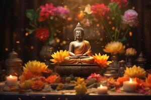 A buddha sits in a garden with a lotus and candles. Background for vesak festival celebration. Vesak day concept. Vesak celebration day greetings by photo