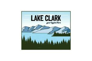 Vintage Retro American Lake Clark with Pine Cedar Evergreen Conifer Larch Cypress Fir Forest National Park for Outdoor Adventure T Shirt Logo Illustration vector